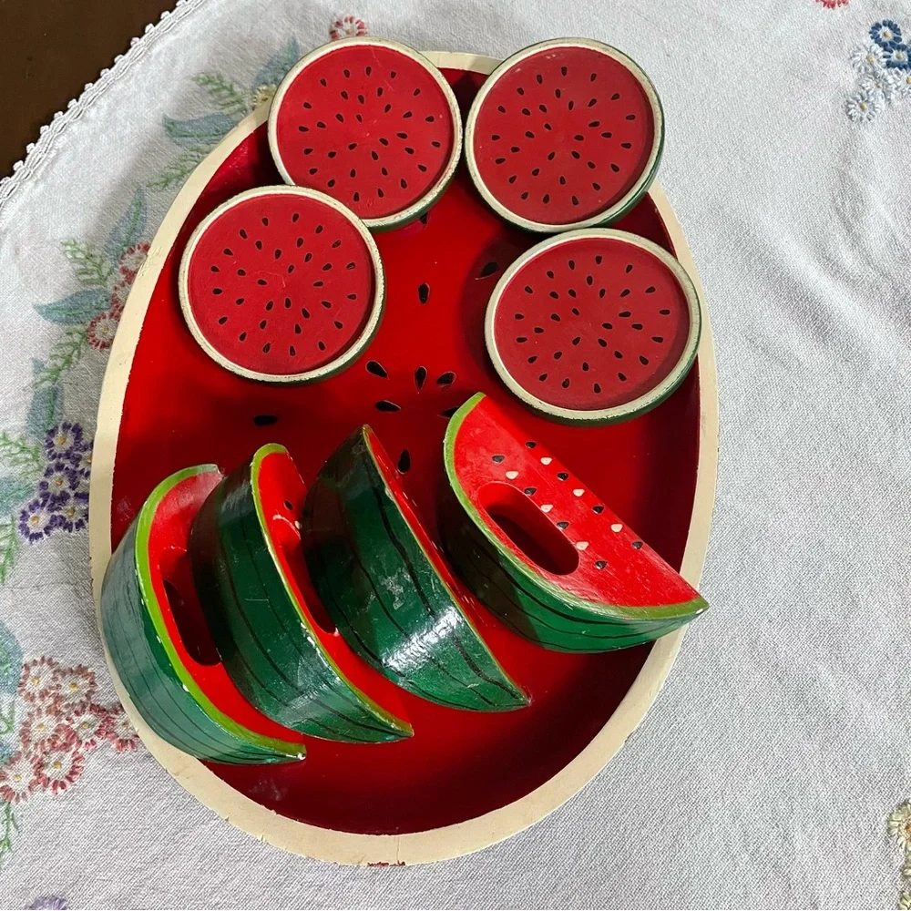 Vintage Wooden Watermelon Cocktail Tray Set. 4 Coasters & 4 Napkin Holders. 14